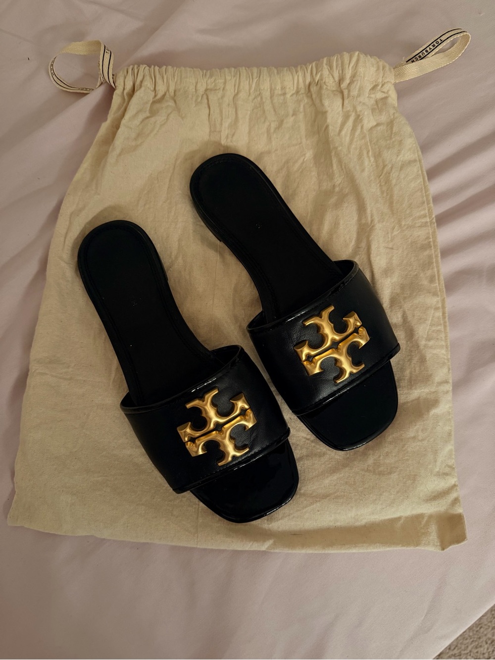 Tory Burch Black Leather Slides with Gold Logo Accent